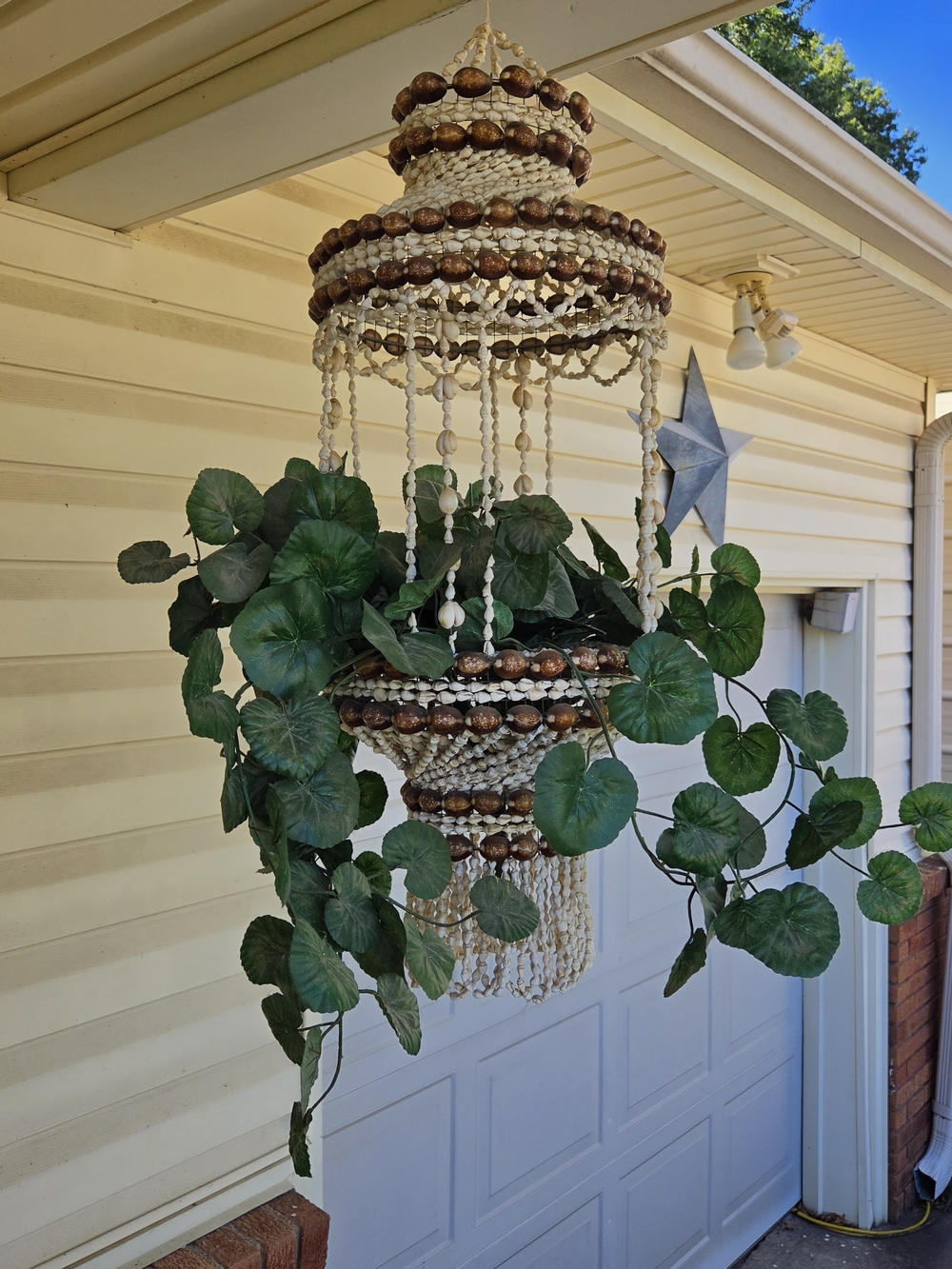Vintage Shell & Faux Leaf Hanging Planter 25"